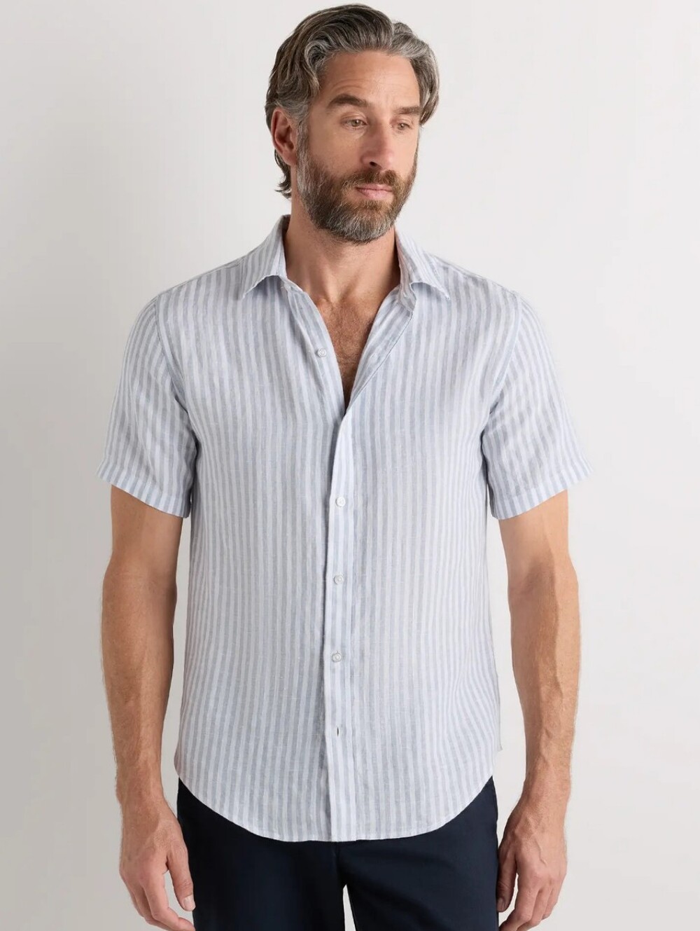 100% European Linen Relaxed Short Sleeve Shirt / Sky Blue Mariner Stripe / XX
